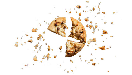 A broken cookie, scattered with crumbs and nut pieces on a black background