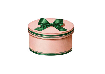 Elegant round pale pink gift box adorned with a dark green satin ribbon bow