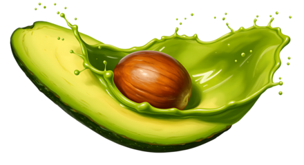 Vibrant green avocado half with pit creating a fresh splash effect on black background.