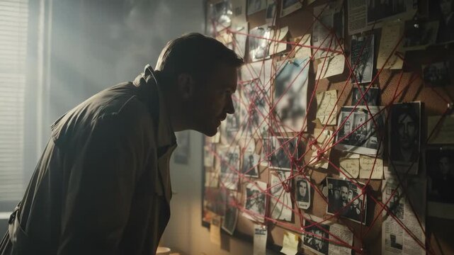 Man detective examines a conspiracy theory bulletin board with intertwined red string, photos, and notes, for investigation concept