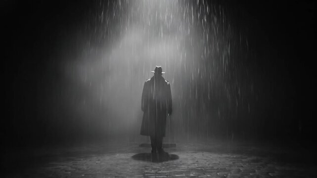 Man in fedora and trench coat walks in fog then stands in falling rain under a streetlight on a cobblestone street. Mysterious character in dark alley.