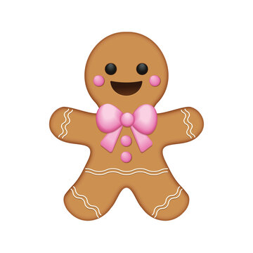 Gingerbread man cookie with frosting and buttons. Cute gingerbread man smiling vector illustration. Realistic gingerbread man cookie icon.  