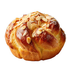 Golden braided pastry topped with slivered almonds and powdered sugar