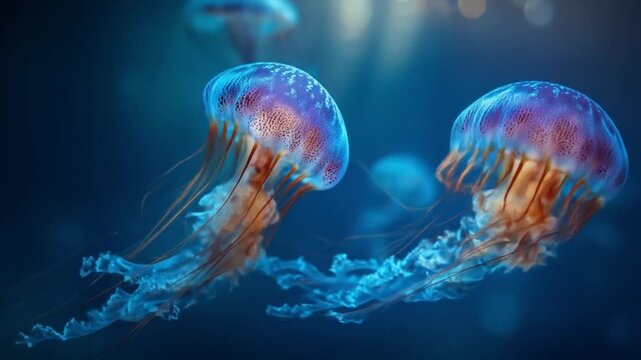 Two glowing jellyfish drift in deep blue water, orange soft bells, and trailing, delicate tentacles