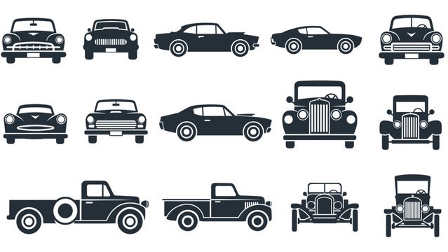 A collection of black silhouette icons featuring various retro and classic cars, including sedans, muscle cars, and vintage trucks.