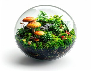 A miniature forest scene with mushrooms enclosed in a clear glass globe