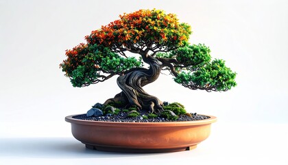 Miniature tree with vibrant foliage in a ceramic pot, against white