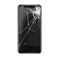 A modern smartphone with a severely cracked screen, isolated on a black background