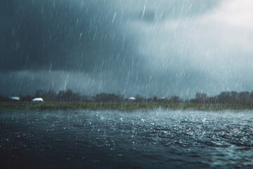 Dramatic close-up of heavy rain falling on a wet road, dark clouds overhead and a field © Faris