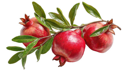 A trio of ripe, ruby-red pomegranates on a leafy branch