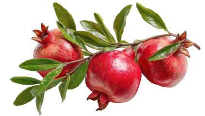 A trio of ripe, ruby-red pomegranates on a leafy branch