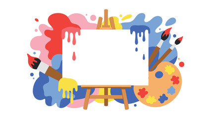 Fototapeta premium A creative art class or workshop background with a blank canvas on an easel, surrounded by colorful paint splashes. This vibrant design is perfect for promoting artistic events or supplies.