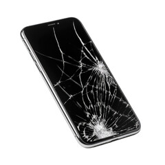 A sleek smartphone with a severely shattered glass screen, isolated