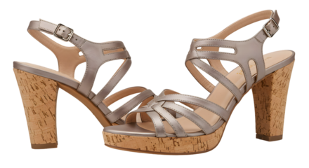 A pair of womens beige strappy high heel sandals with cork heel isolated on transparent background