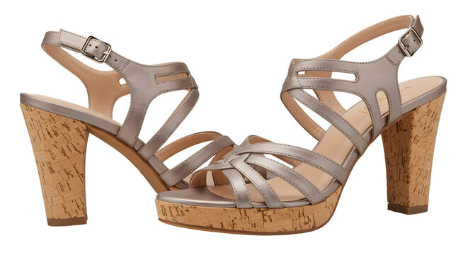 A pair of womens beige strappy high heel sandals with cork heel isolated on transparent background