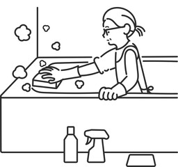 風呂掃除をする40代女性のイラスト　線画のみ
