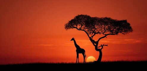 Giraffe and tree silhouette at sunset on the African savanna with bright orange sky and setting sun