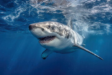 Fototapeta premium Swimming and exploring a great white shark in the ocean during daylight hours