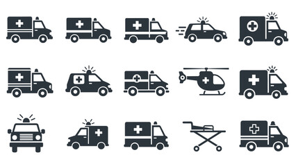 A set of various ambulance icons, including vans, emergency cars, medical helicopters, and stretchers for emergency medical services.