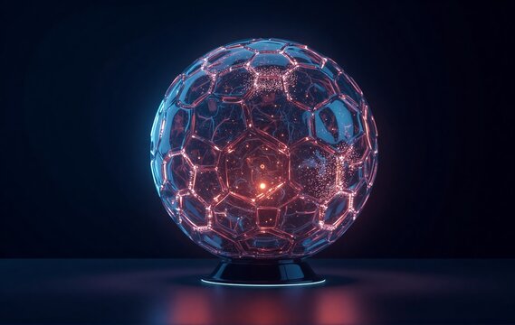 A glowing, intricate, futuristic sphere with hexagonal patterns emanates vibrant red and blue light on a dark surface. - Powered by Adobe