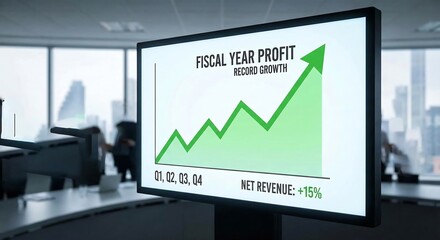 Graph showing fiscal year profit increase on computer screen in modern office environment