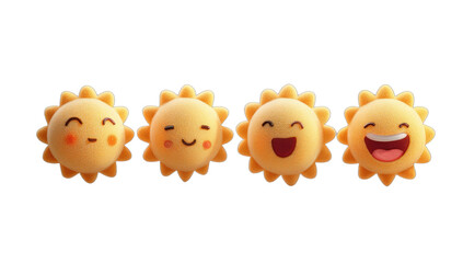 Four cheerful, round, cartoon suns with happy facial expressions