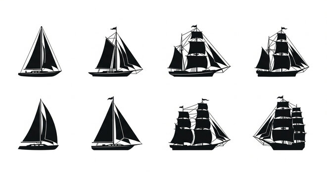 collection of black silhouette vector icons showing various sailing ships and sailboats