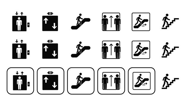 A comprehensive set of black public access icons including elevators, escalators, and stairs for navigation and wayfinding.