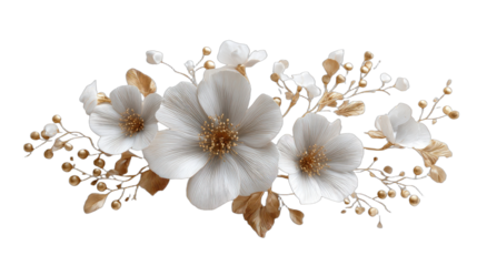 Elegant white blossoms intertwined with golden branches and buds