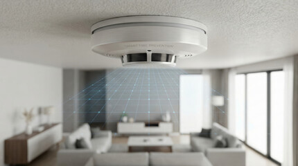 Modern smoke detector on ceiling in living room protecting home using ai insurtech prompts for safety and smart detection