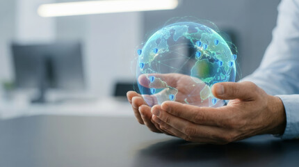 Insurtech businessman holding futuristic global ai connection for financial prompts with confident hopeful emotion