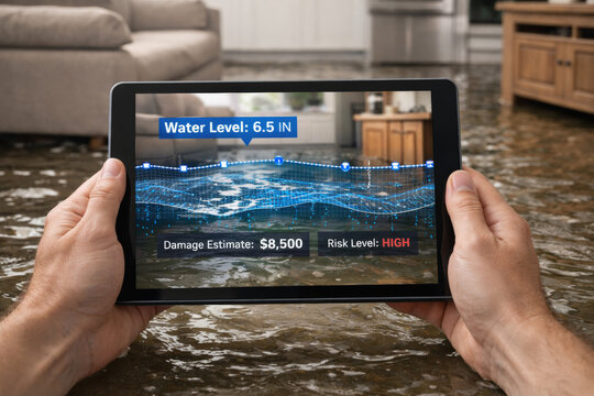 Smart home owner using AI insurtech app prompts on tablet to assess water damage flood risk level inside flooded living room