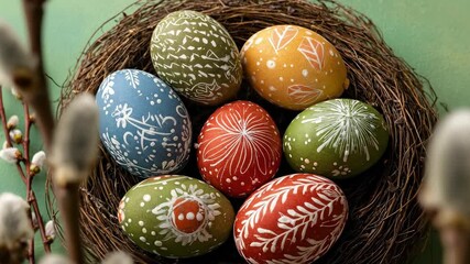 Colorful hand painted Easter eggs in bird nest with pussy willow branches and green background - Powered by Adobe