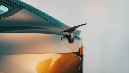 A sleek car's rear view showcasing a modern design with an aerodynamic spoiler and reflective paint under warm lighting.