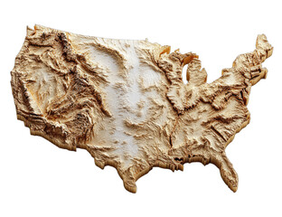 Textured topographic relief map of the continental United States in warm earth tones