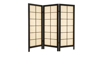Stylish room divider screen made of bamboo and rice paper panels isolated on white background