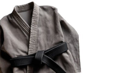 A gray martial arts uniform with a black belt tied around the waist
