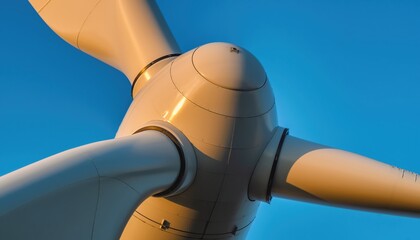 A close-up view of a wind turbine's rotor hub against a clear blue sky, showcasing the sleek design and engineering of renewable energy technology.