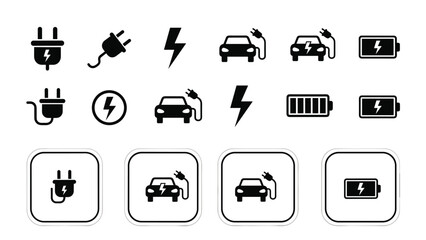 Set of black icons representing electric vehicle charging, including EV cars, plugs, batteries, and lightning bolt symbols.
