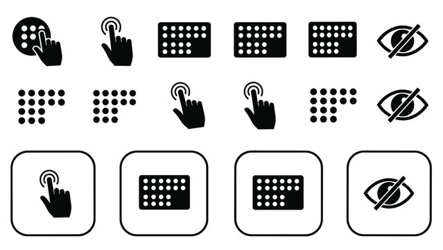 A set of accessibility icons for visually impaired individuals, including symbols for braille, tactile paving, and low vision.