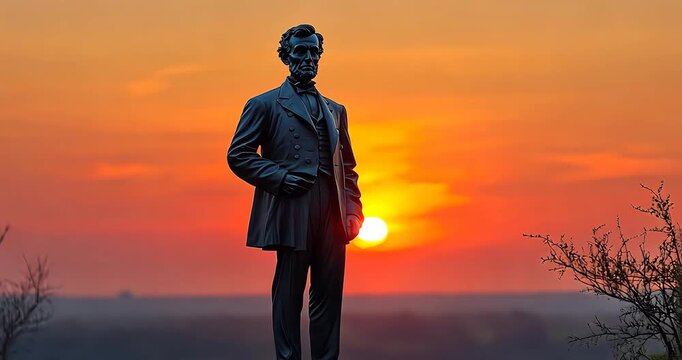 A statue of Abraham Lincoln stands silhouetted against a vibrant orange sunset, evoking a sense of history and reflection.