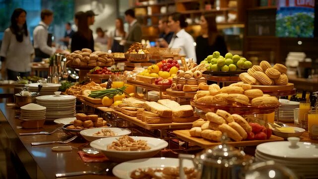 Luxurious Breakfast Buffet Spread Fruits Pastries Bread Desserts Hotel Restaurant Table