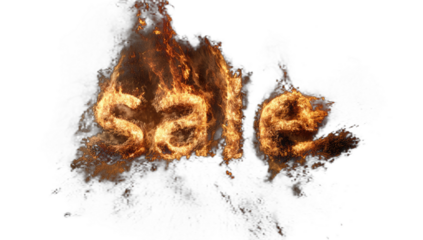 Flaming text spelling "sale" on a black background, engulfed in fire