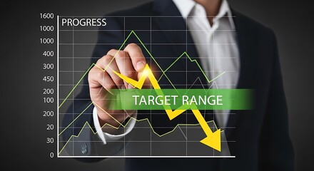 Businessman pointing at a downward trending graph showing progress towards a target range.