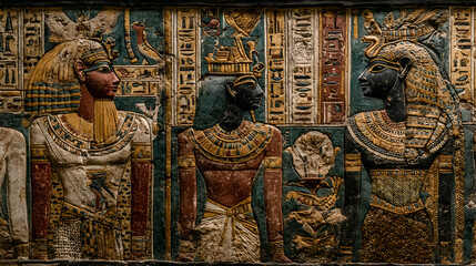Ancient Egyptian Wall Relief Featuring Pharaohs and Gods in Rich Colors and Detailing