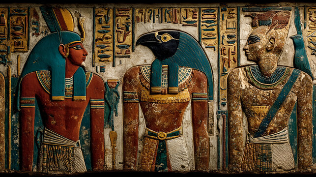 Ancient Egyptian Wall Art Depicting Deities and Pharaohs in Vibrant Colors