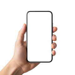 Hand holding a smartphone with a blank screen