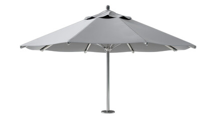 A large, octagonal outdoor umbrella with a silver metal pole and frame