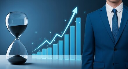 Business growth and time management concept with hourglass and stock chart.