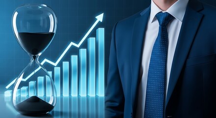 Business Growth and Time Management Concept with Hourglass and Upward Graph.